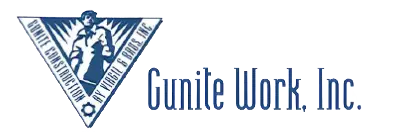 Triangular logo with a worker figure, text "Gunite Construction by Vigil & Pride, Inc." inside the triangle, and "Gunite Work, Inc." written to the right in blue.