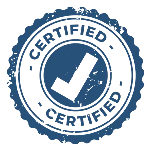A blue circular stamp with the word "CERTIFIED" at the top and bottom, surrounding a large white check mark in the center, symbolizing approval or certification as a Gunite Pool Shell Subcontractor.