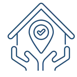 Outline of two hands holding a house with a location pin inside, featuring a check mark—symbolizing trust and reliability, much like selecting the right pool construction contractor for your home.